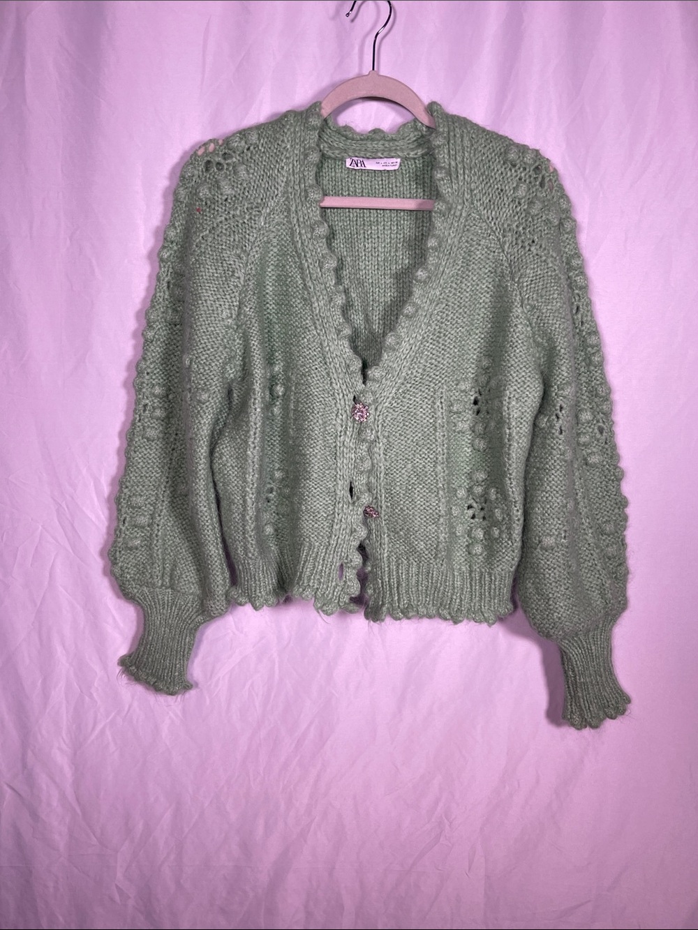 ZARA WOMENS GREEN JEWEL CARDIGAN SWEATER ALPACA WOOL LARGE 5802/100/500/L - Picture 2 of 8